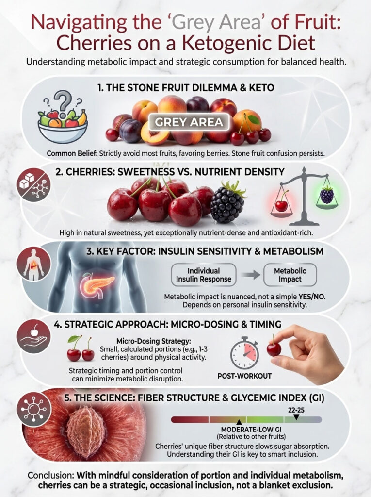 Infographic explaining cherries on a ketogenic diet, featuring charts, icons, and key points on insulin sensitivity and portion control.