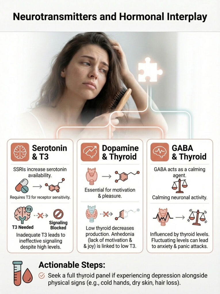 Infographic showing neurotransmitters and hormonal interplay, featuring serotonin, dopamine, and GABA with related icons.