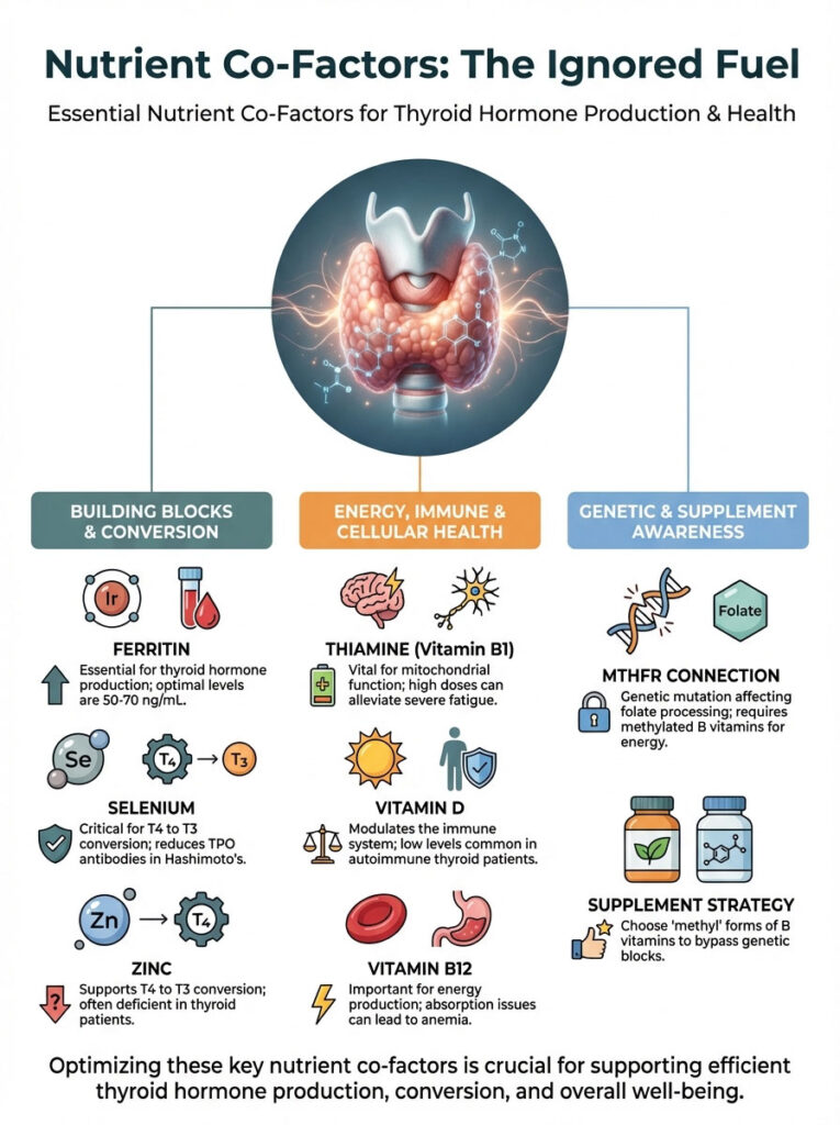Infographic detailing nutrient co-factors for thyroid health, featuring thyroid illustration and key nutrients like selenium and vitamin D.