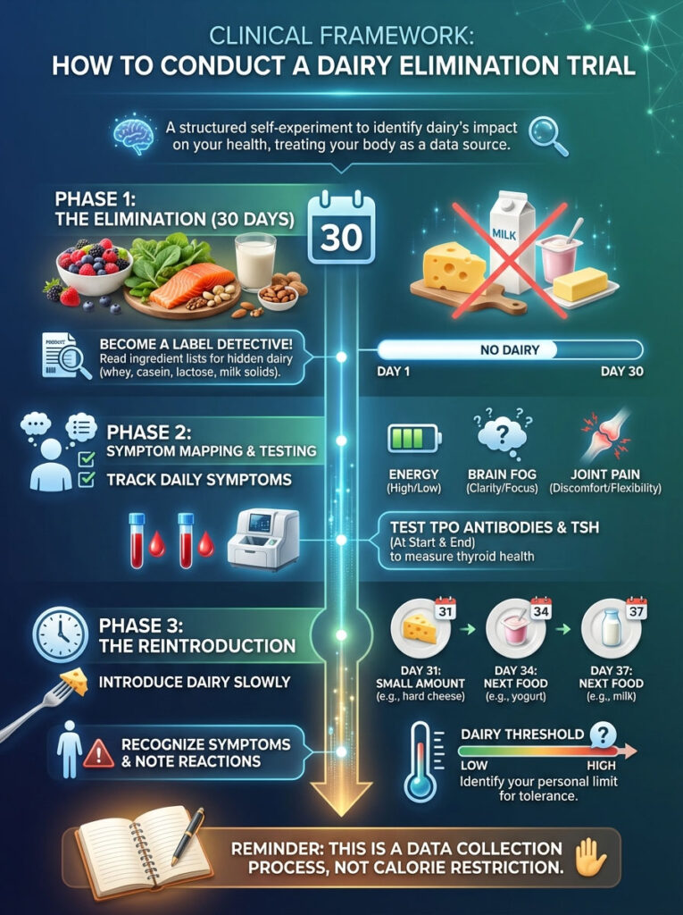 Infographic detailing a dairy elimination trial process with phases, symptoms, and testing methods.