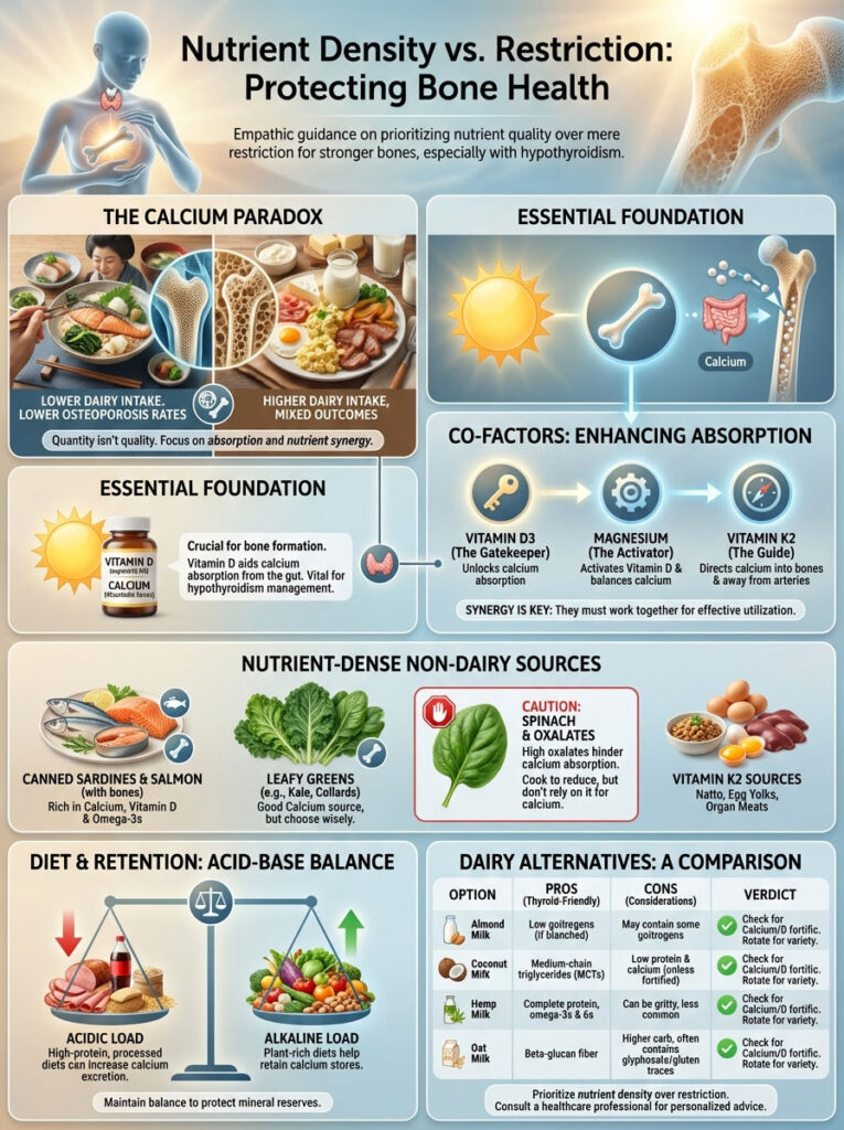 Infographic on nutrient density vs. restriction for bone health, featuring charts, icons, and dietary recommendations.