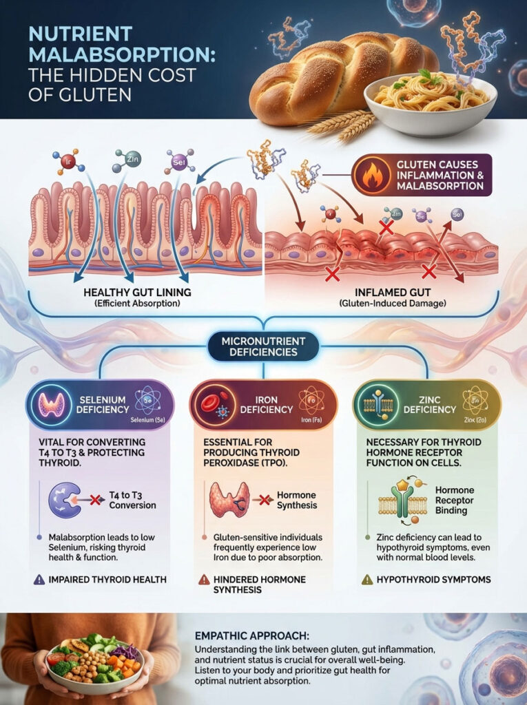Infographic showing nutrient malabsorption due to gluten, highlighting gut health and micronutrient deficiencies.