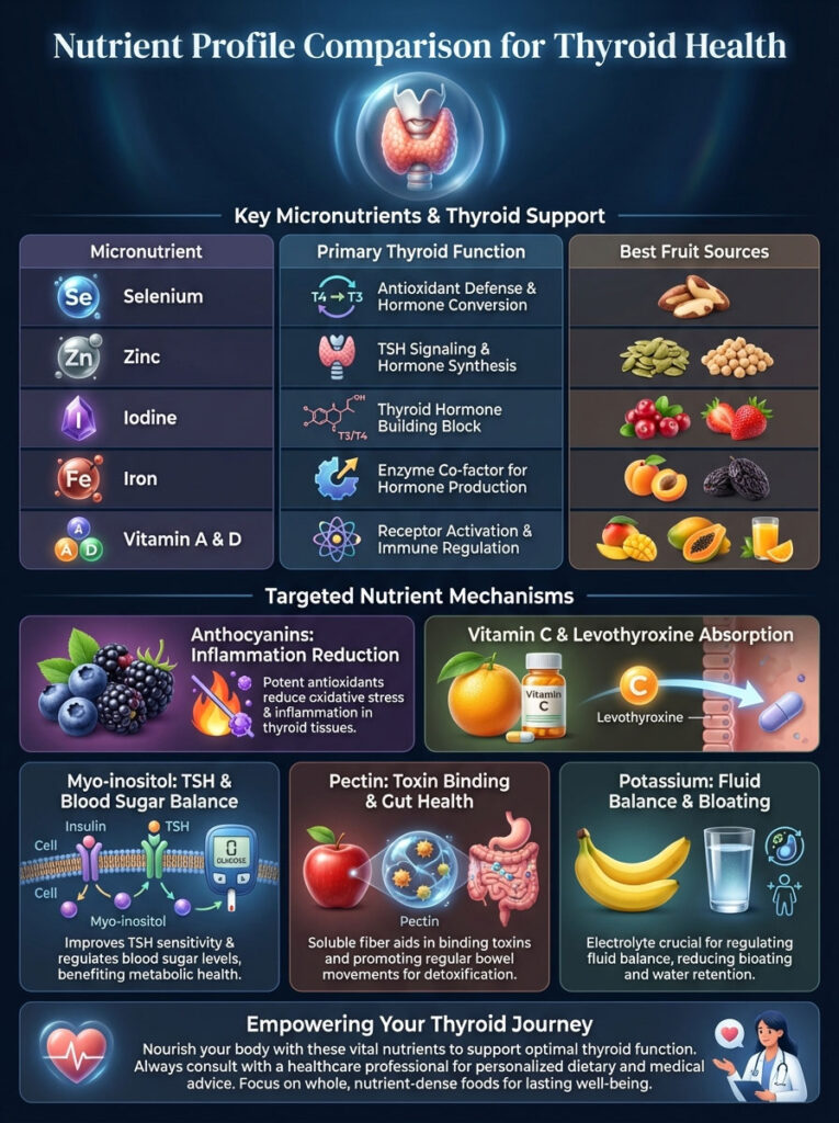 Infographic comparing key micronutrients for thyroid health, showing functions and best fruit sources.