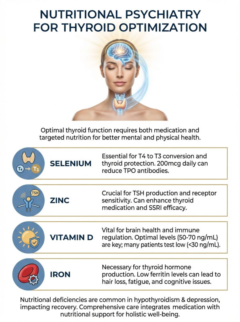 Infographic on nutritional psychiatry for thyroid optimization, detailing selenium, zinc, vitamin D, and iron benefits.