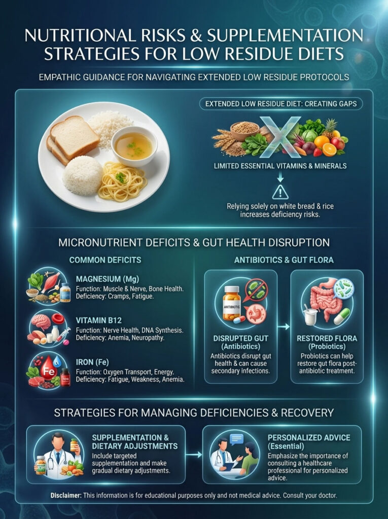 Infographic showing nutritional risks and strategies for low residue diets, featuring food images and micronutrient data.
