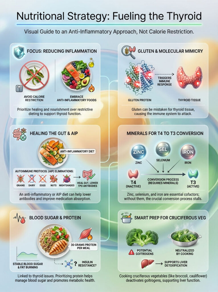 Infographic on nutritional strategies for thyroid health, highlighting inflammation reduction and key nutrients.