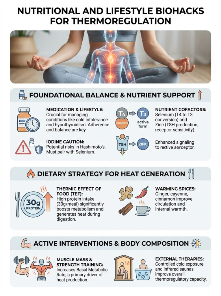 Infographic on nutritional and lifestyle biohacks for thermoregulation, featuring charts and icons on health strategies.