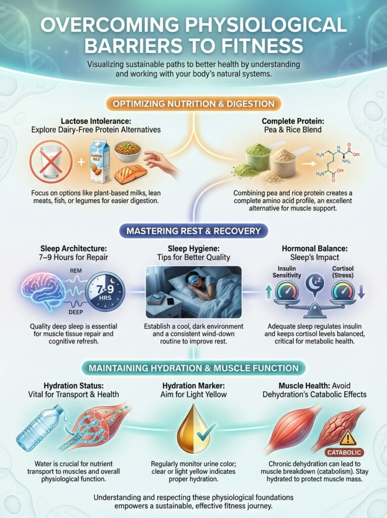 Infographic on overcoming physiological barriers to fitness, covering nutrition, sleep, and hydration tips.