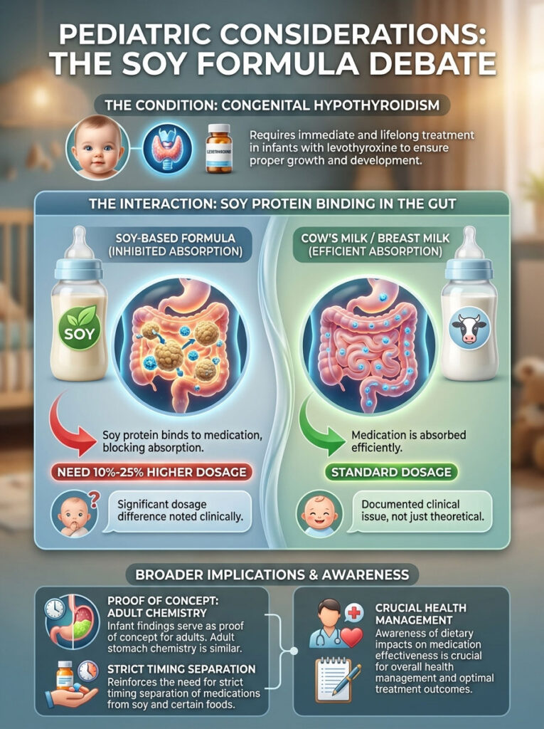Infographic explaining soy formula effects on congenital hypothyroidism treatment, showing absorption differences and dosage needs.