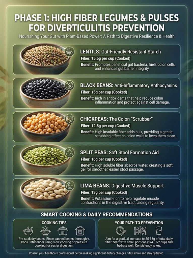 Infographic detailing high fiber legumes for diverticulitis prevention with fiber content and health benefits.
