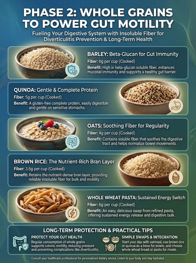 Infographic detailing whole grains for gut health, featuring barley, quinoa, oats, brown rice, and whole wheat pasta benefits.