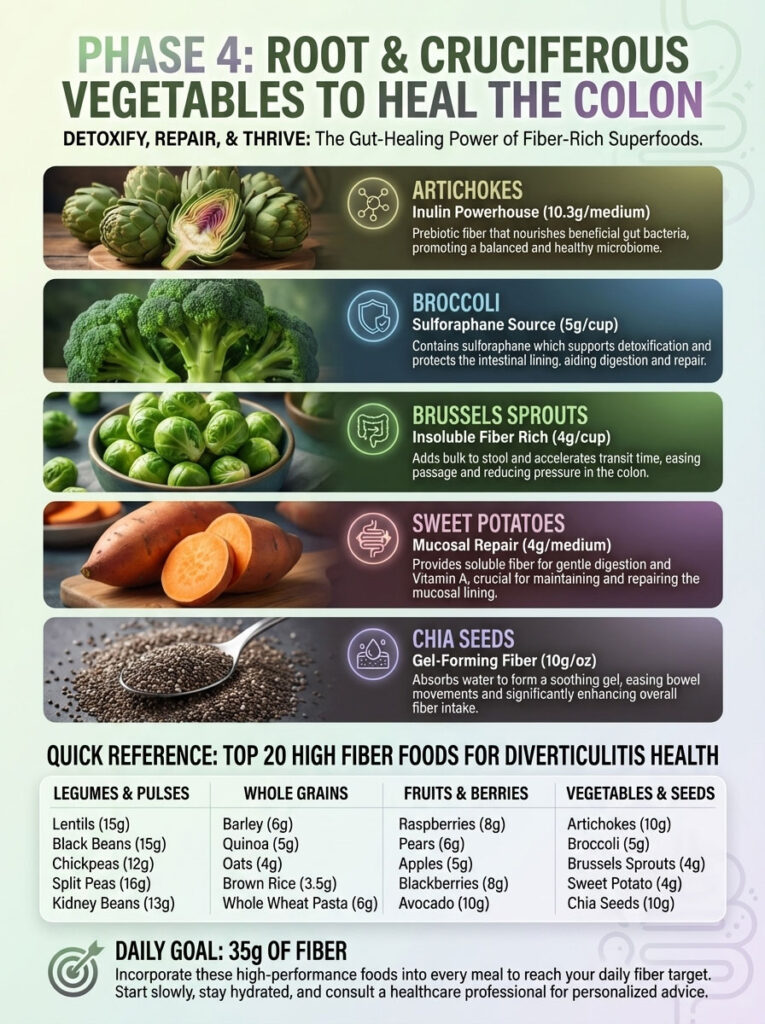 Infographic detailing fiber-rich foods for colon health, featuring artichokes, broccoli, and sweet potatoes with nutritional info.