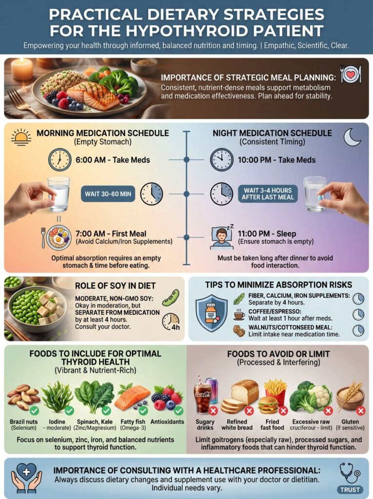 Infographic detailing dietary strategies for hypothyroid patients, including medication schedules and food recommendations.