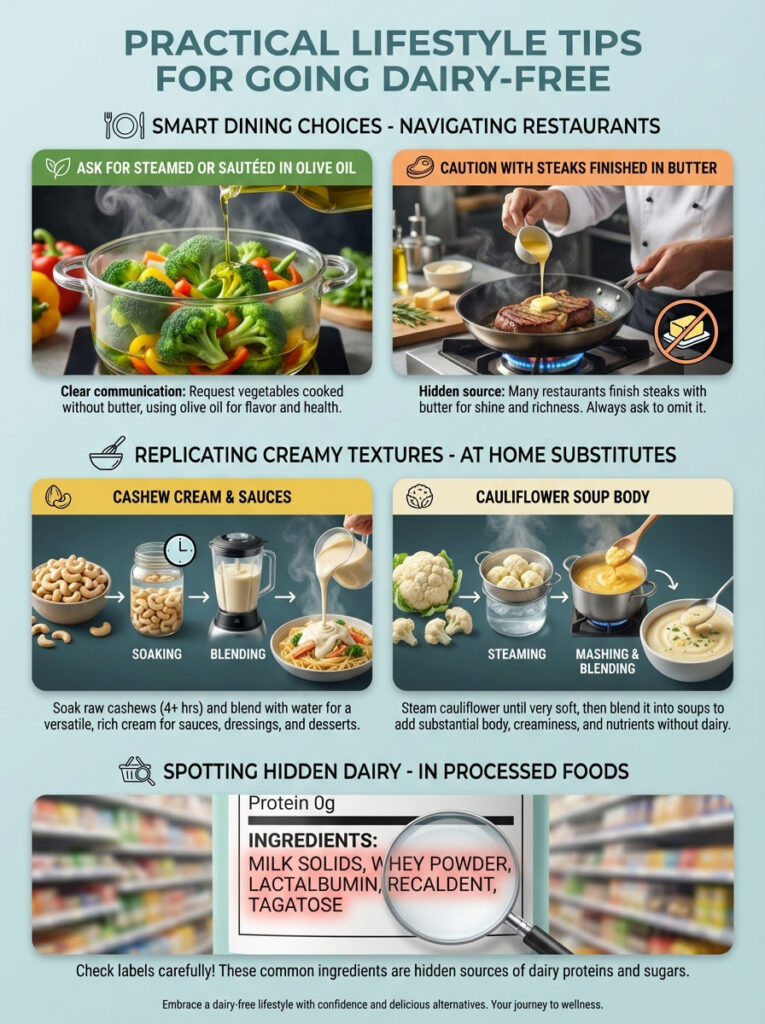 Infographic with tips for going dairy-free, featuring cooking methods, substitutes, and hidden dairy ingredients.