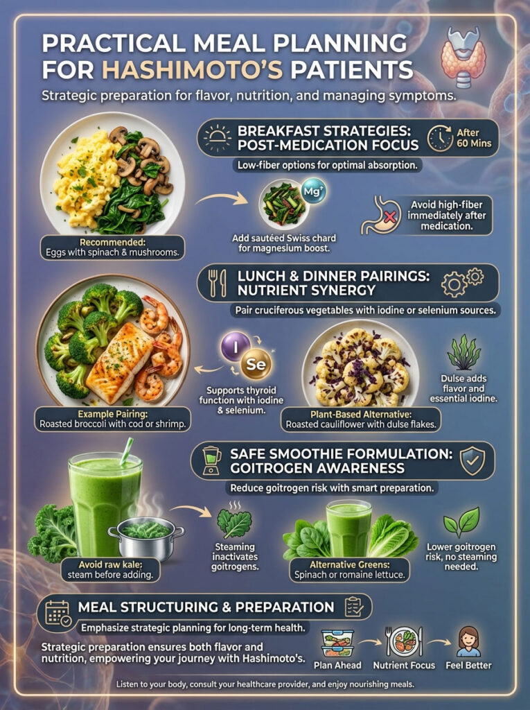 Infographic detailing meal planning for Hashimoto's patients, including breakfast, lunch, and smoothie tips.