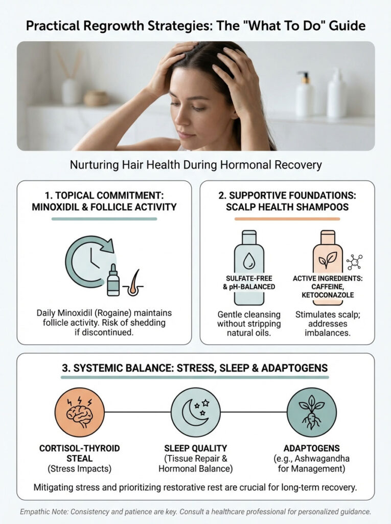 Infographic detailing hair health strategies during hormonal recovery with text and icons on Minoxidil, shampoos, and stress management.