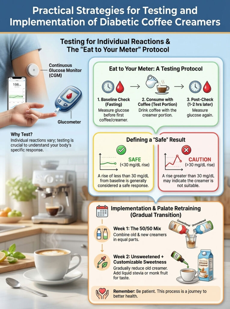 Infographic detailing testing strategies for diabetic coffee creamers with charts and protocols for glucose monitoring.