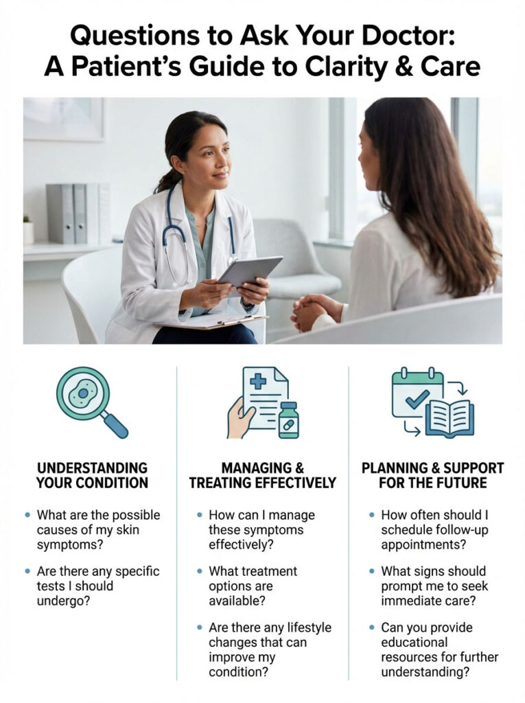 A doctor and patient discuss questions about health, including understanding conditions and treatment options. Infographic.