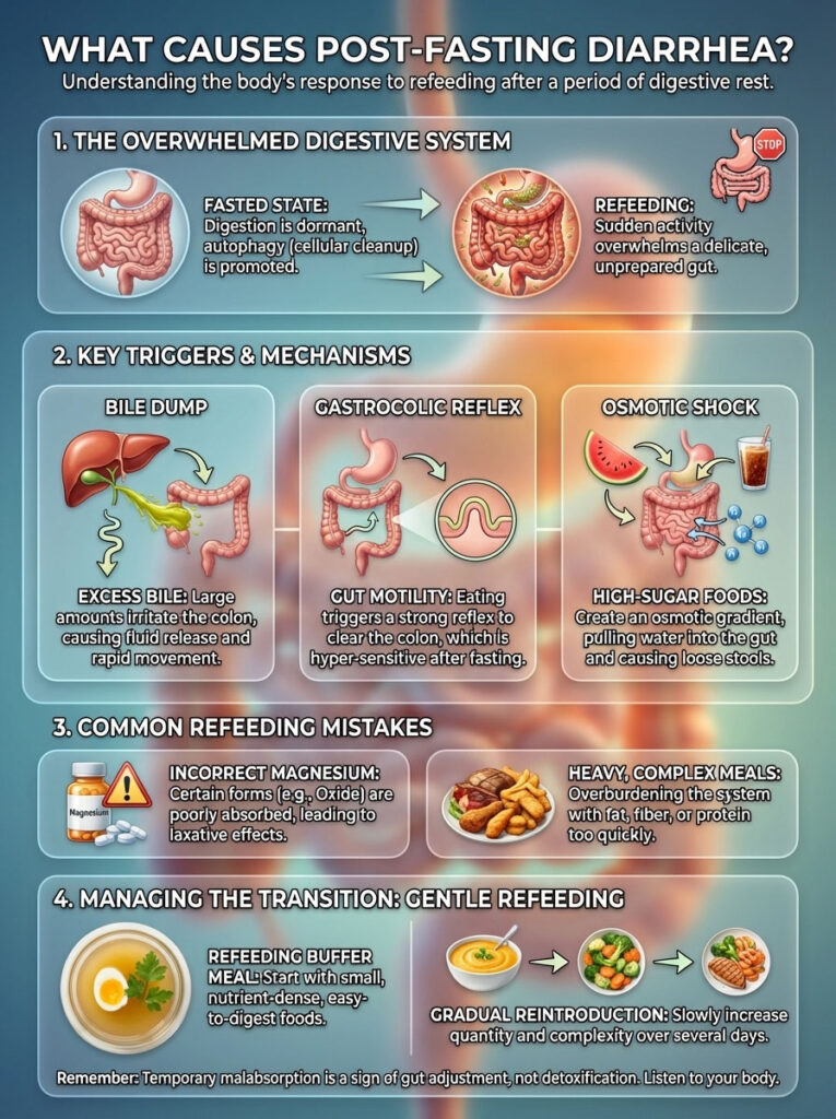 Infographic explaining causes of post-fasting diarrhea with illustrations, text, and key mechanisms involved.