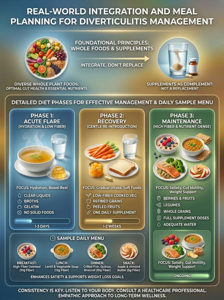 Infographic detailing meal planning for diverticulitis management with diet phases and sample menu.