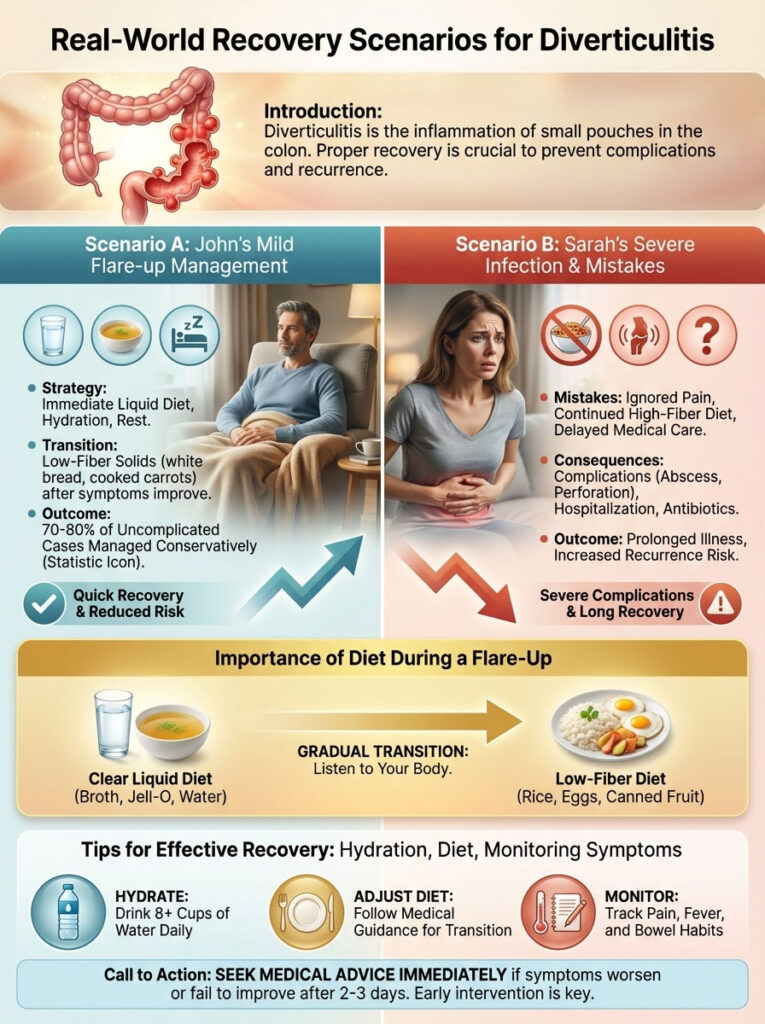 Infographic showing recovery scenarios for diverticulitis, including diet strategies and patient outcomes.