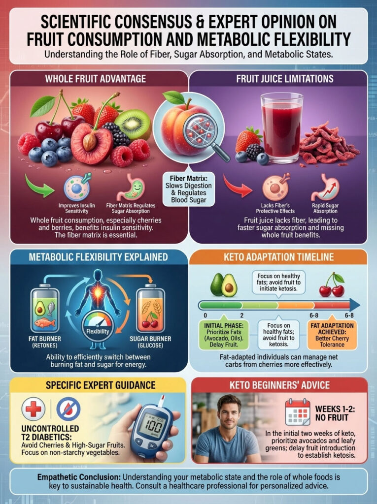 Infographic showing fruit consumption benefits, metabolic flexibility, and keto adaptation timeline with visuals and text.