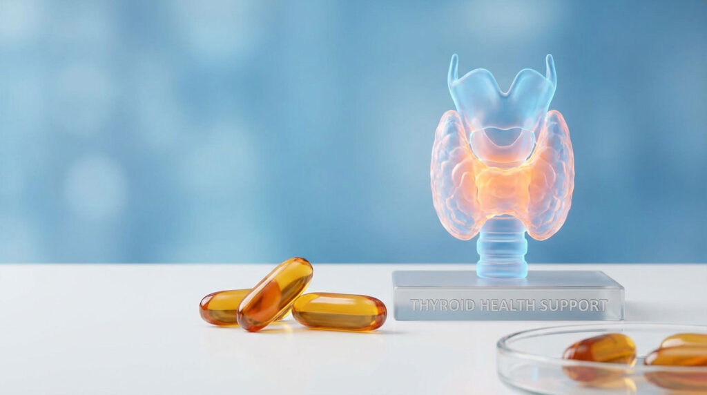 A translucent thyroid model with orange highlights sits beside amber capsules on a white surface.