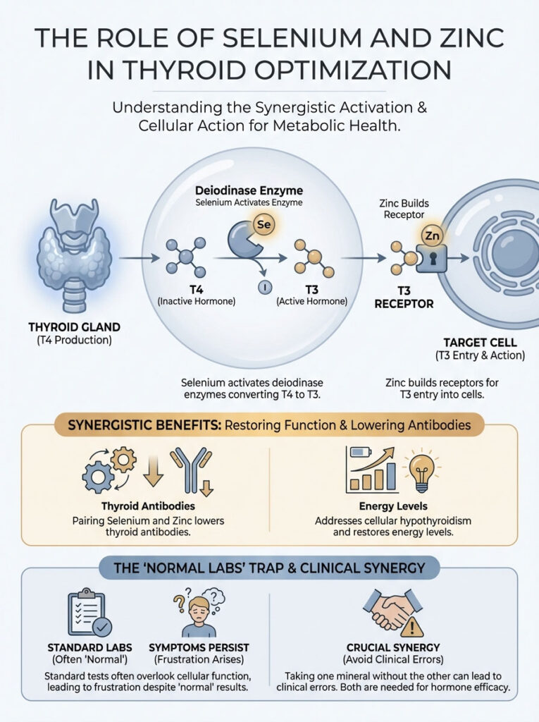 Infographic showing the role of selenium and zinc in thyroid optimization, including enzyme activation and benefits.