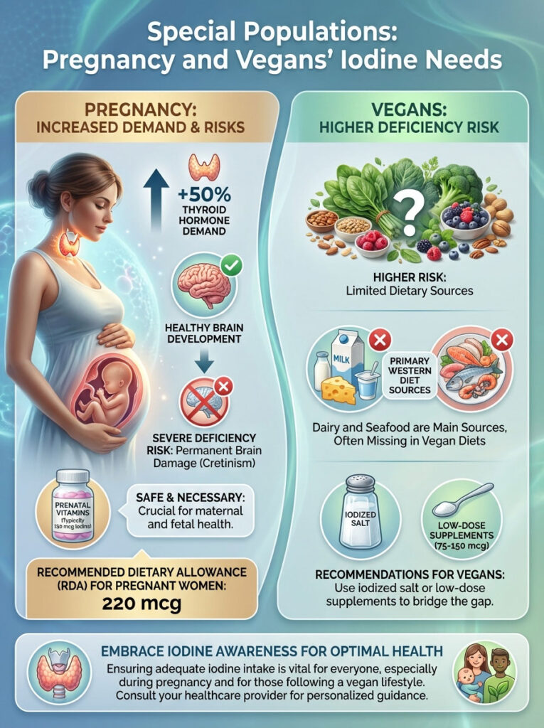 Infographic on iodine needs for pregnant women and vegans, showing risks, dietary sources, and recommendations.
