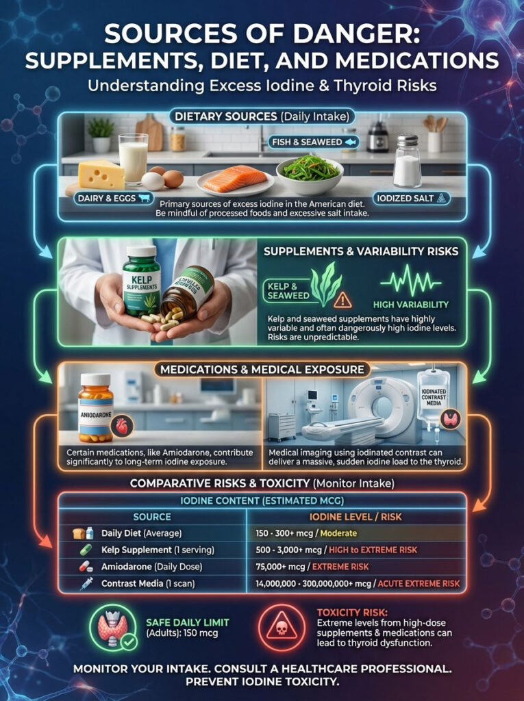 Infographic detailing sources of excess iodine, including dietary sources, supplements, and medications.