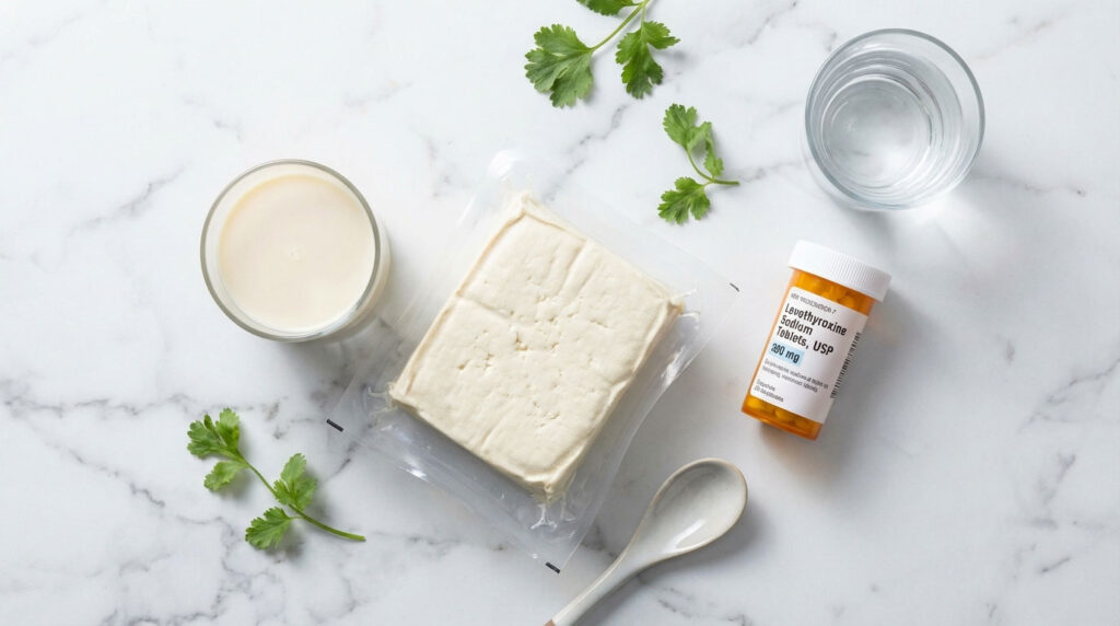 A block of tofu, a glass of milk, a pill bottle, and cilantro on a marble surface.