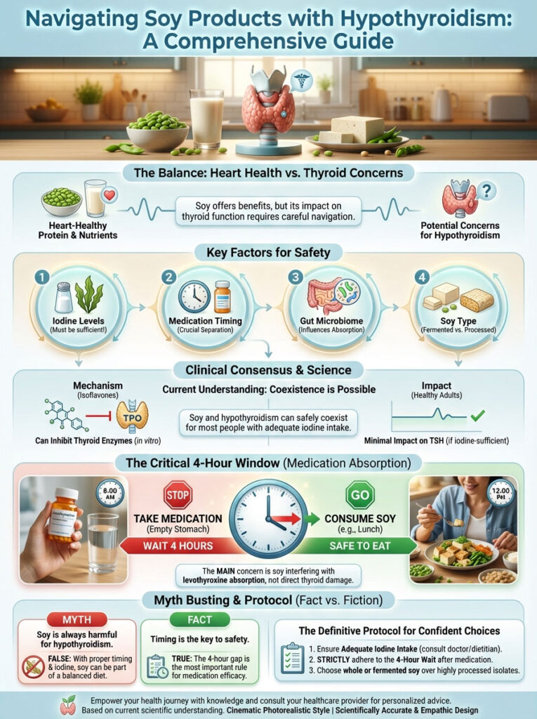 Infographic on navigating soy products with hypothyroidism, detailing key factors, safety, and guidelines.