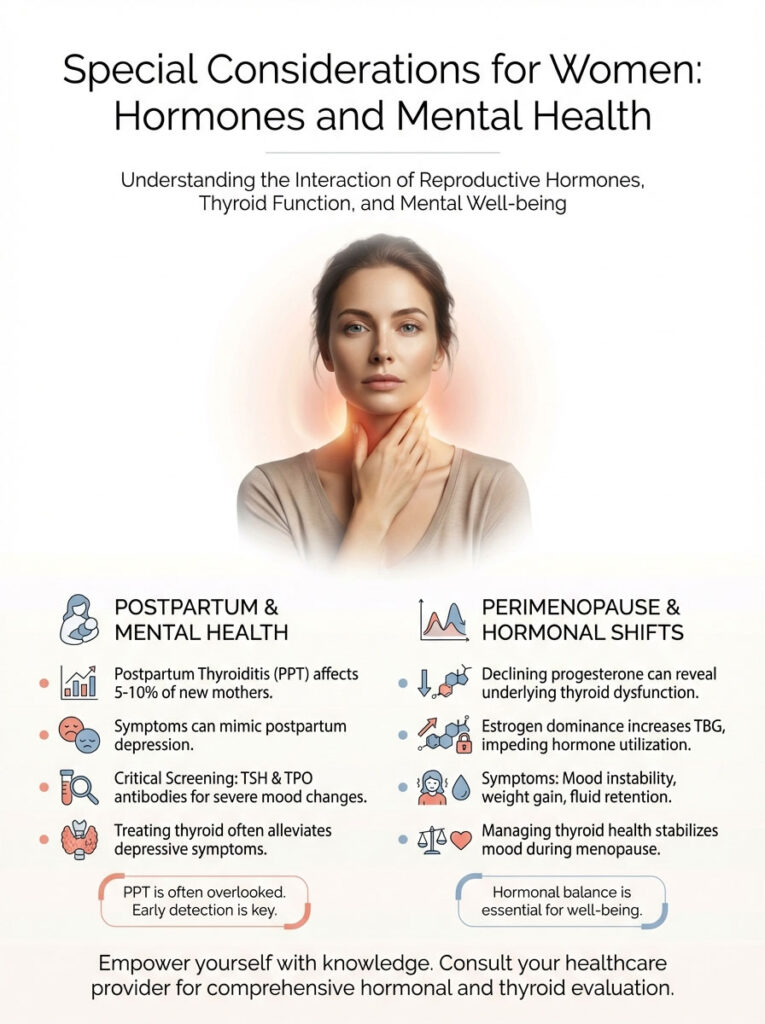 Infographic detailing women's hormonal health, including postpartum thyroiditis and perimenopause effects on mental well-being.