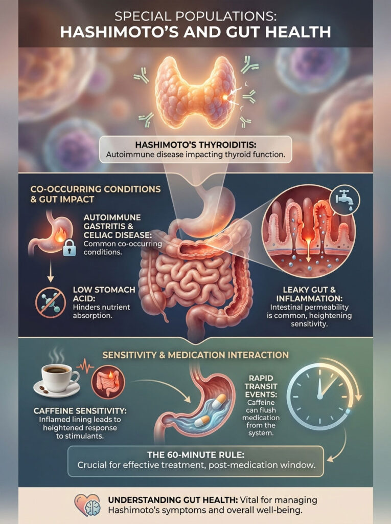 Infographic on Hashimoto's thyroiditis and gut health, featuring illustrations of the thyroid, stomach, and intestines with key points.