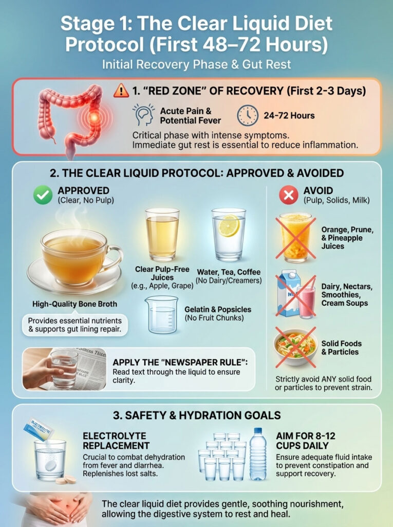 Infographic detailing the clear liquid diet protocol, including approved and avoided items, hydration goals, and recovery phases.