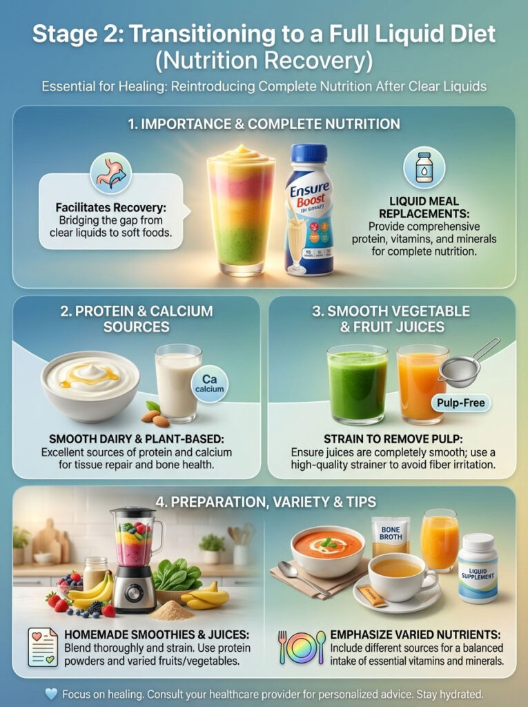 Infographic on transitioning to a full liquid diet, featuring nutrition tips, protein sources, and smoothie recipes.
