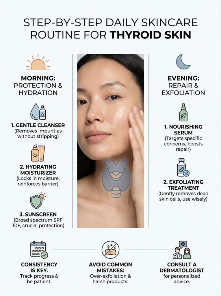 Daily skincare routine for thyroid skin with morning and evening steps, including cleanser, moisturizer, and sunscreen. Infographic.