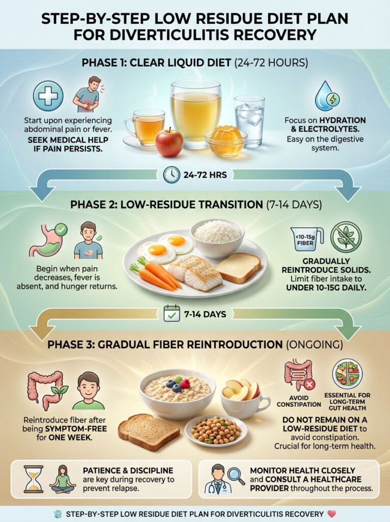 Infographic detailing a step-by-step low residue diet plan for diverticulitis recovery with phases and dietary tips.