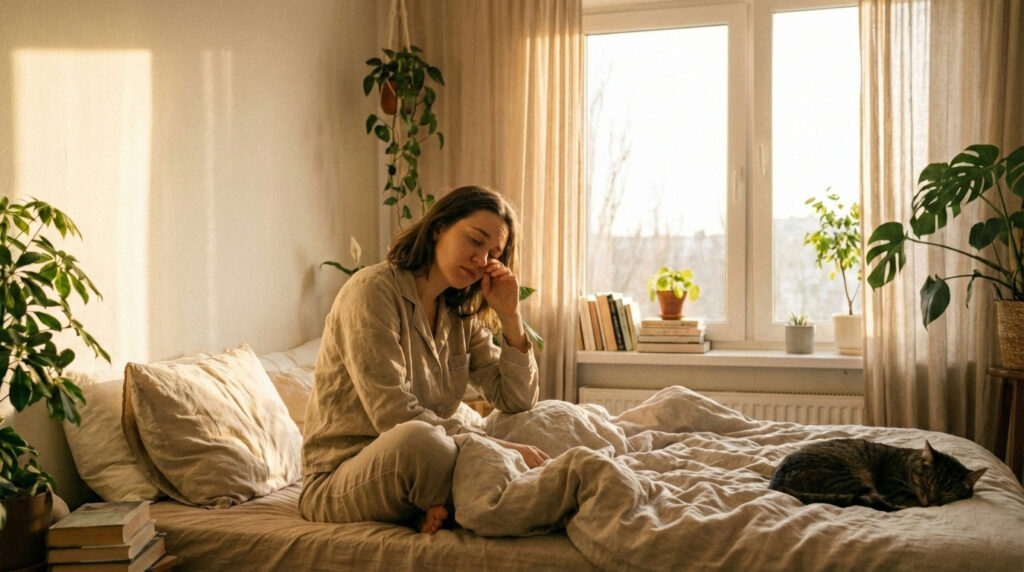 A woman in pajamas sits on a bed, looking thoughtful, with a sleeping cat and plants in a sunlit room.