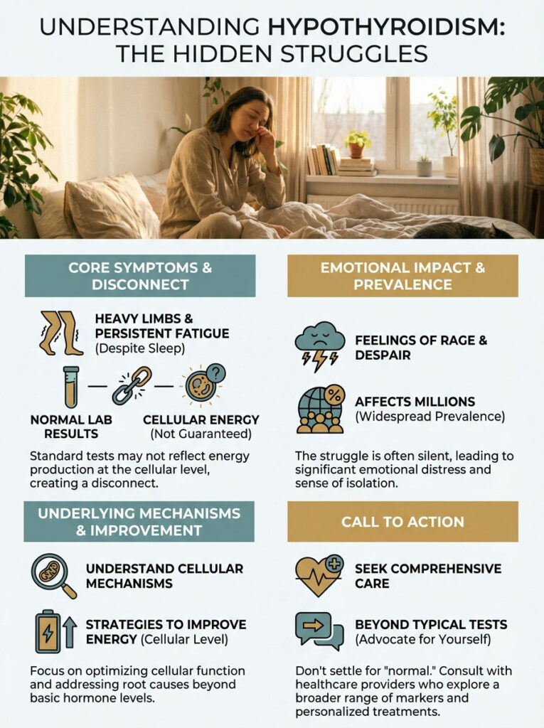 Infographic on hypothyroidism showing symptoms, emotional impact, and improvement strategies with icons and text.
