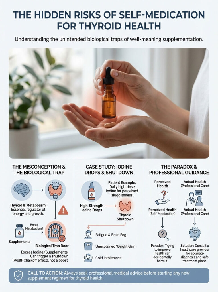 Infographic showing risks of self-medication for thyroid health, including iodine drops and professional guidance.