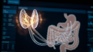 A glowing anatomical model of the human digestive system with light trails against a dark background.