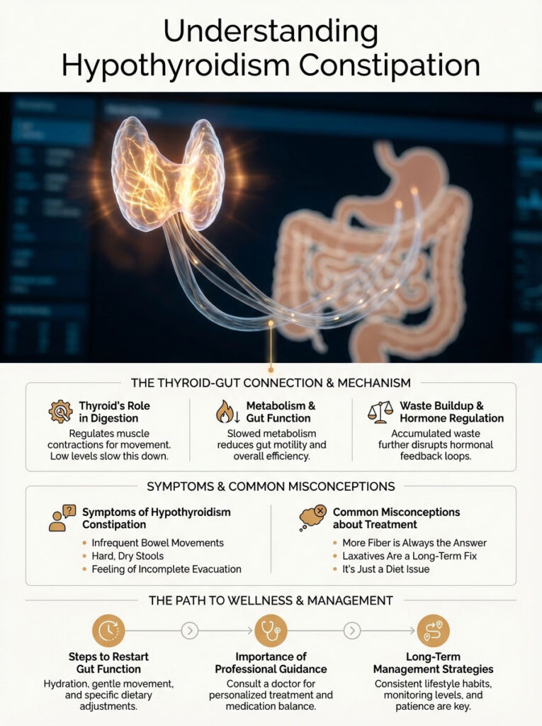 Infographic explaining hypothyroidism constipation with diagrams of thyroid and gut function, symptoms, and management strategies.