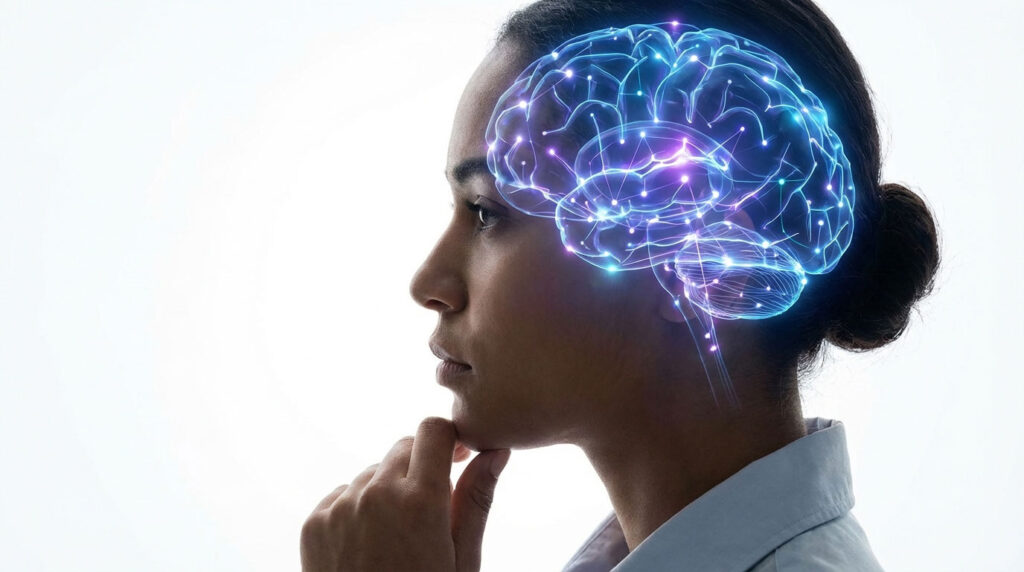 A woman in profile with a glowing digital brain illustration above her head, deep in thought.