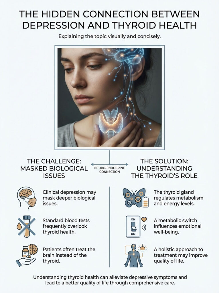 Infographic explaining the connection between depression and thyroid health with illustrations and key points.
