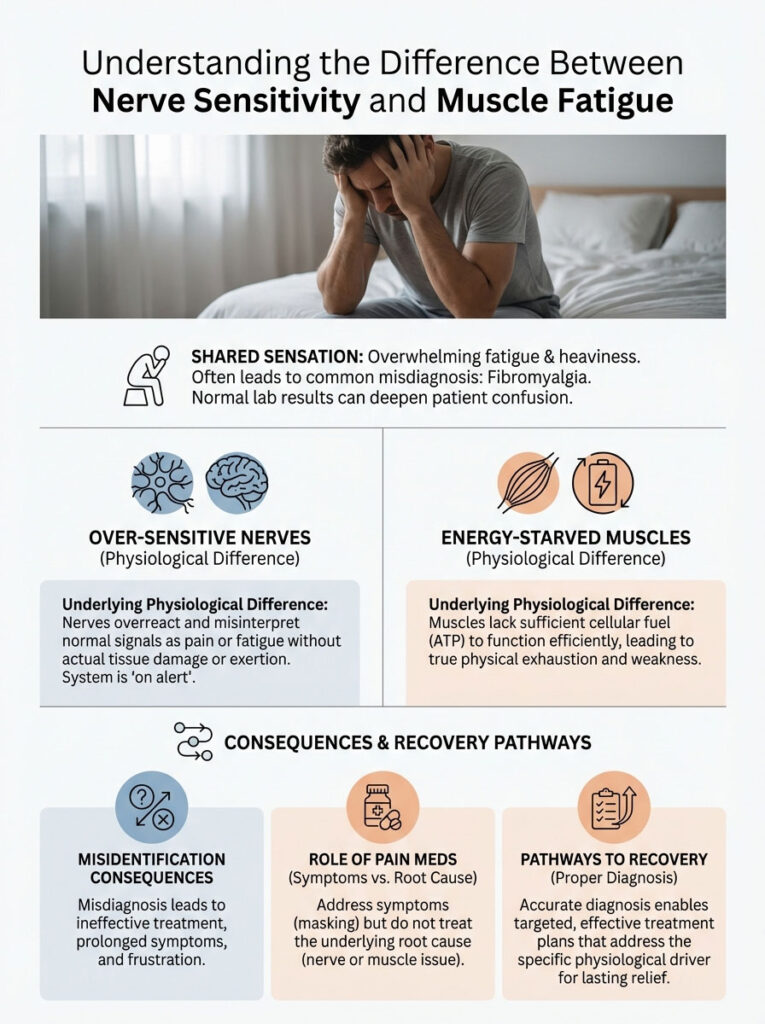Infographic explaining nerve sensitivity vs. muscle fatigue with illustrations and key points on physiological differences.