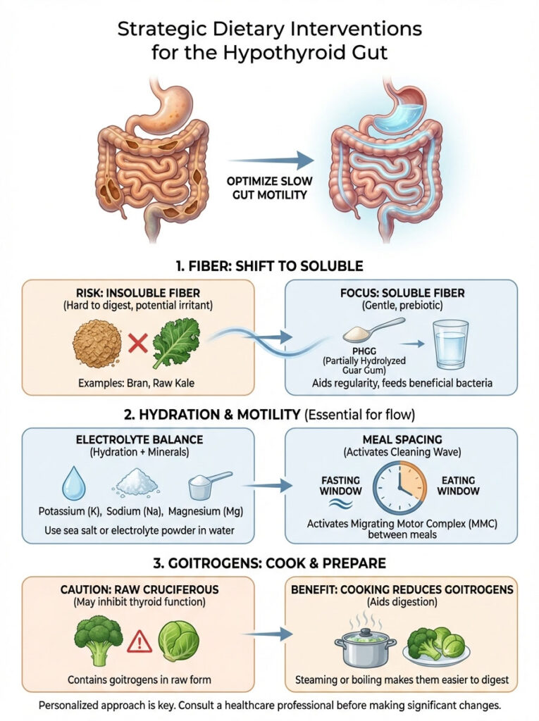 Infographic on dietary interventions for hypothyroid gut, detailing fiber types, hydration, and goitrogens.