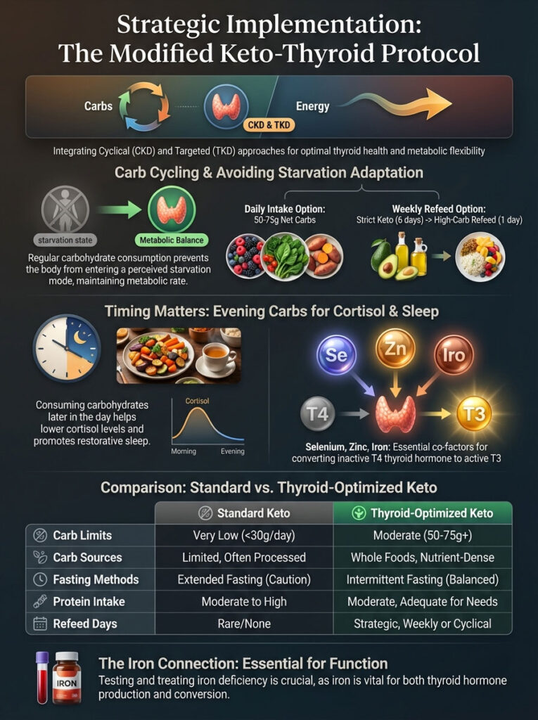 Infographic explaining the Modified Keto-Thyroid Protocol with charts on carb cycling, nutrient timing, and comparisons.
