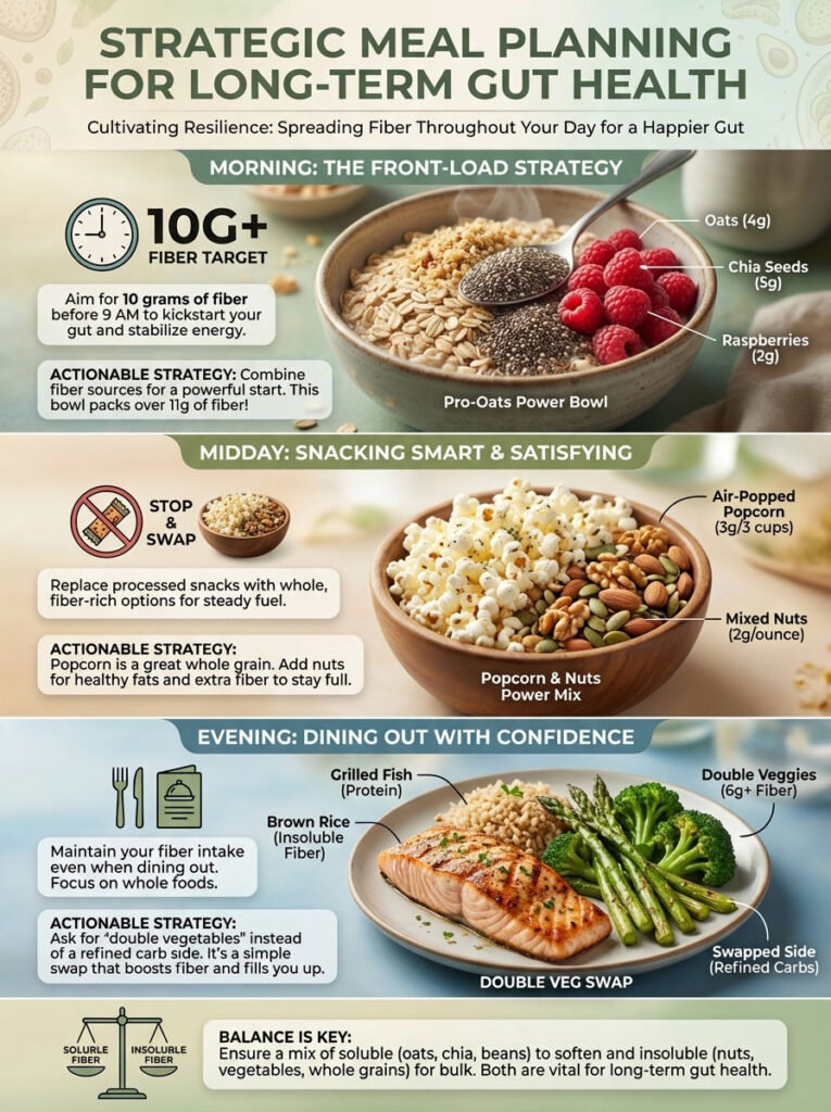 Infographic on strategic meal planning for gut health, featuring fiber-rich foods and meal strategies.