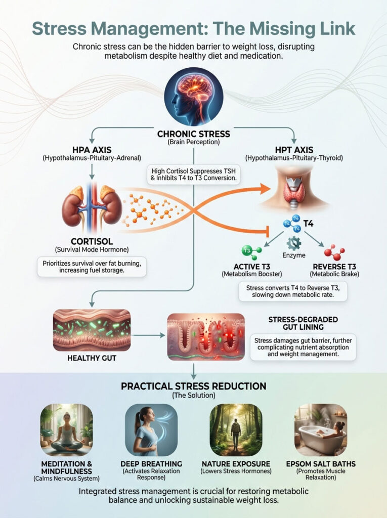 Infographic showing stress management, highlighting chronic stress effects on metabolism and practical solutions.